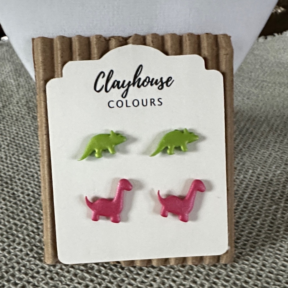 Clayhouse Dinosaur Earrings in Green and Pink